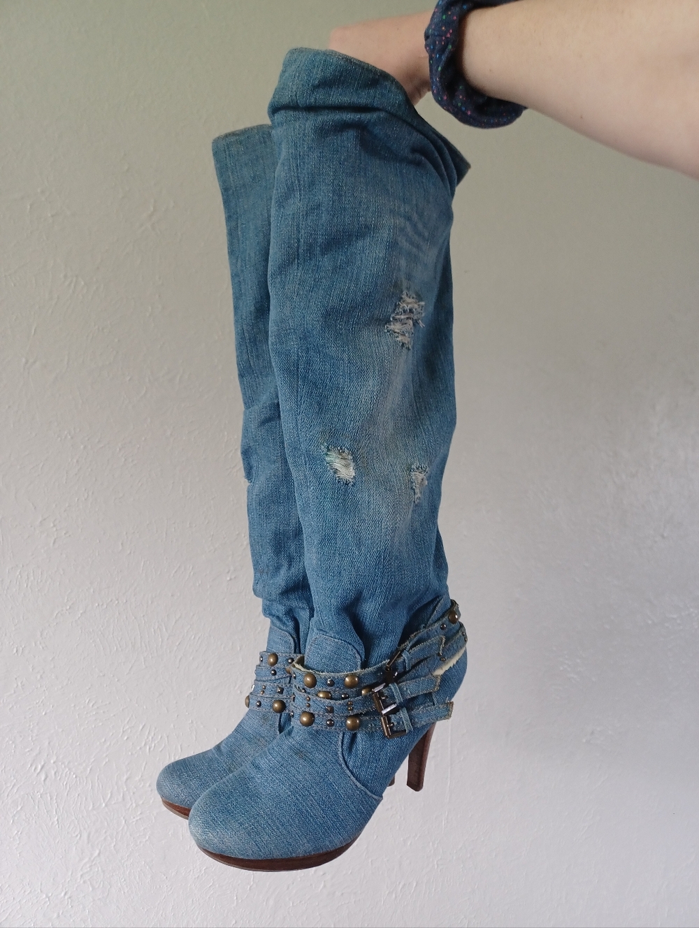 Lexie Denim Knee-High Stiletto Boots with Studded Buckle Detail Blue